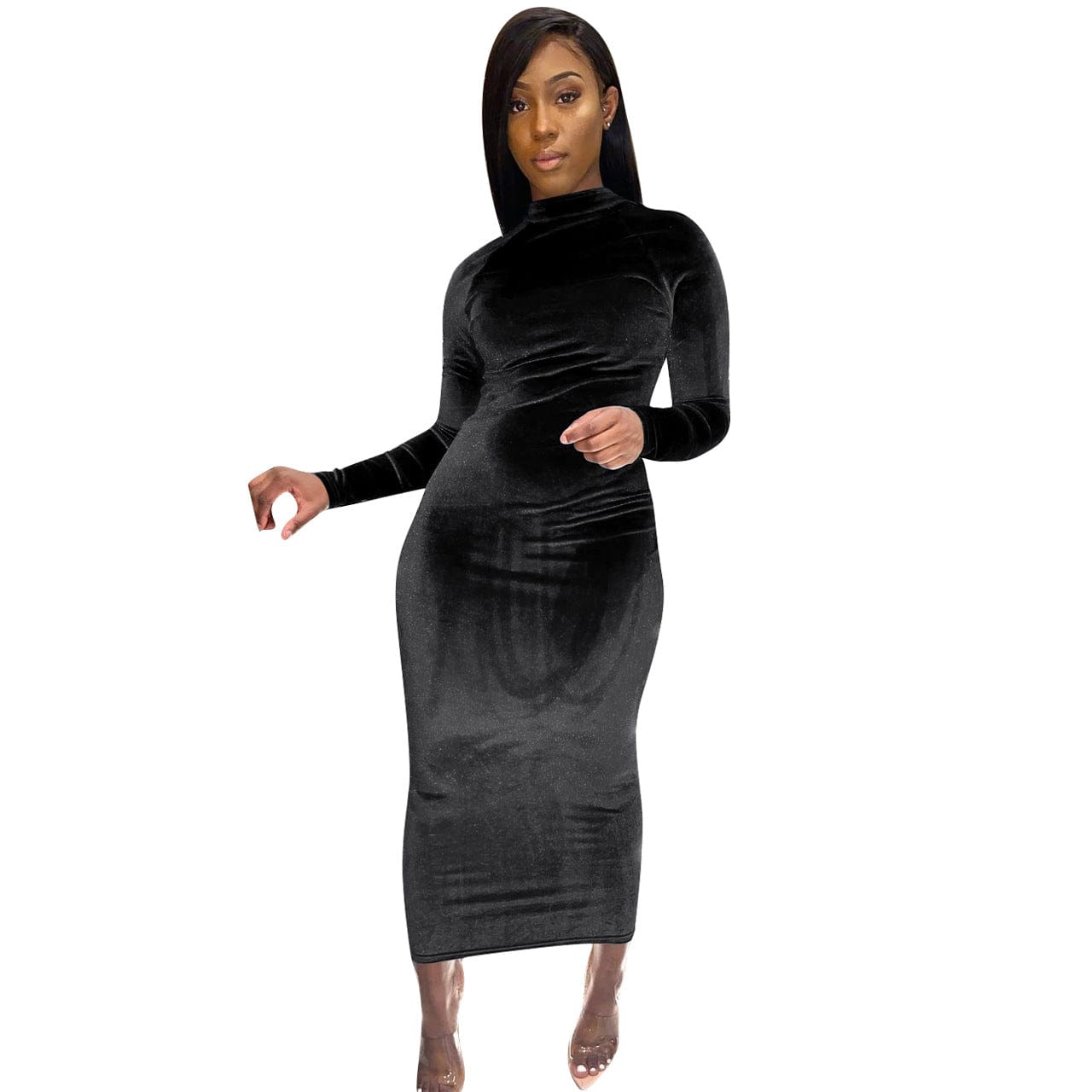 2 XL / black Fall &Winter Velvet Women Dress Slim Fit Bodycon Ladies Solid Long Dress for Women Clothing