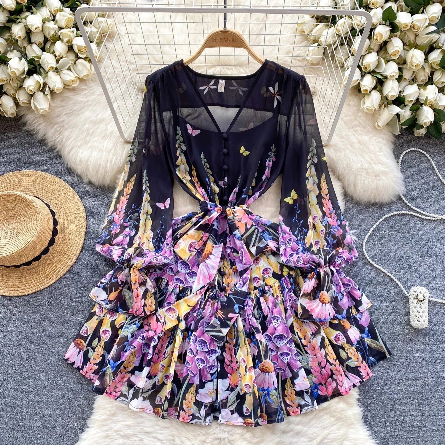 2 XL / Black Fashion Summer Print V-neck Ruffled Dress Lantern Sleeve Dress