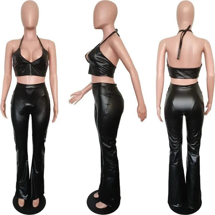 2 XL / Black Faux Pu Leather Black Two Piece Set Women Backless Halter Crop Top and Pants Bodycon 2 Piece Trouser Sets