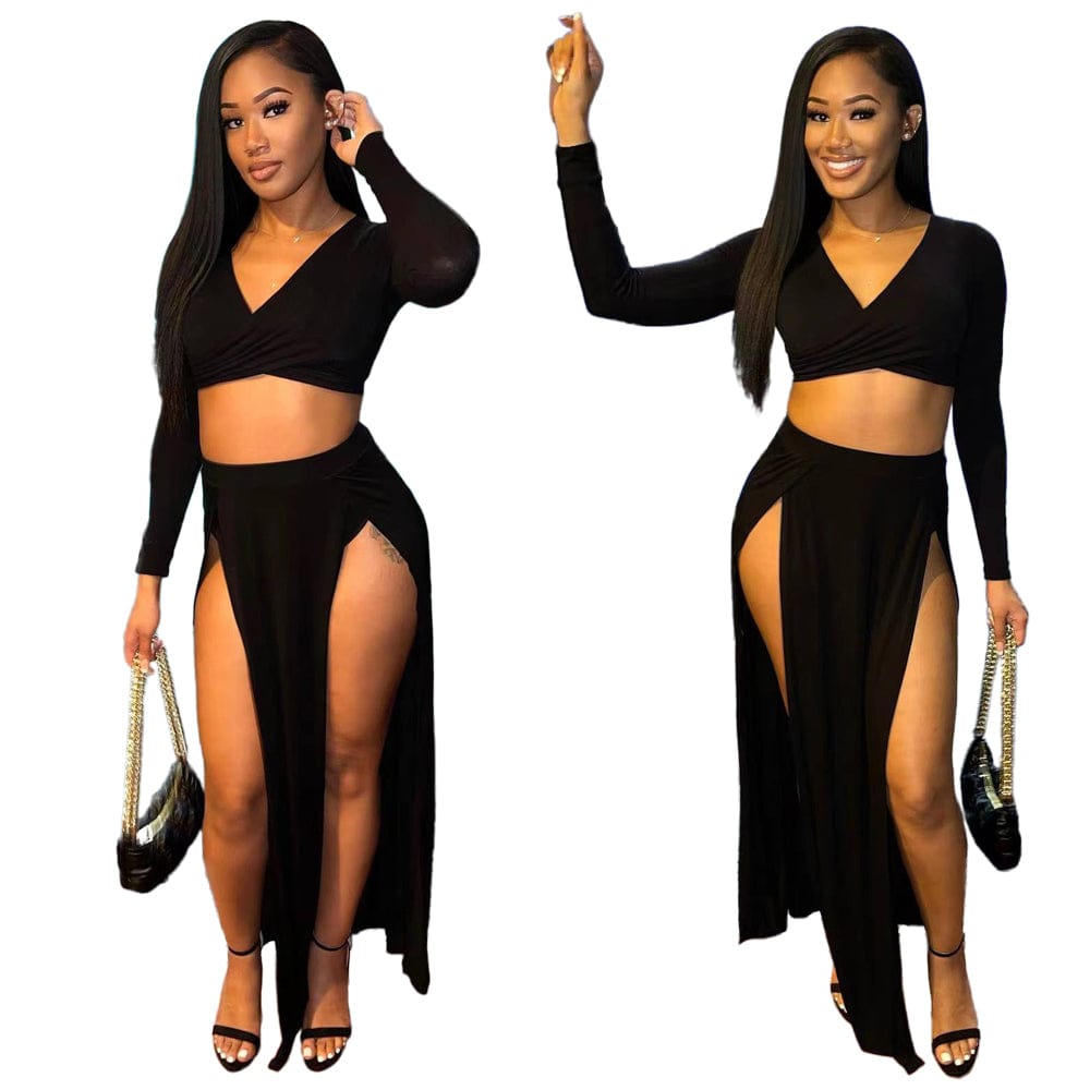2 XL / black Foma 2023 solid color two piece set women clothing crop top skirt and top set for women skirt set
