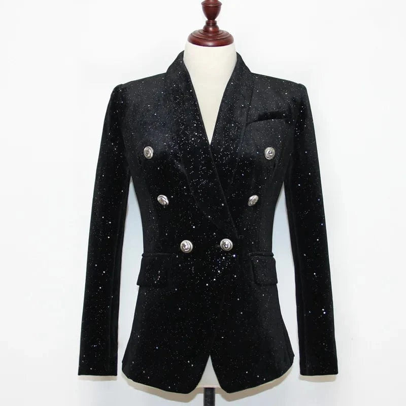 2 XL / Black High Quality Black Fashionable Ladies sequined Business Two Pieces Suit Set Casual Blazer