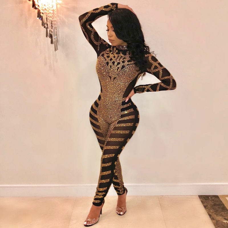 2 XL / black JANHE combinaison rompers Women One Piece Outfits Mesh Sheer Bodycon Playsuit Long Sleeve See Through Party Jumpsuits