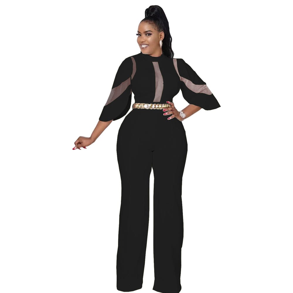 2 XL / black Jumpsuit Women Fashion Solid Jumpsuits for Womens Diagonal Collar Ruffle Half Sleeves Slim Wide Leg Pants Mid Waist