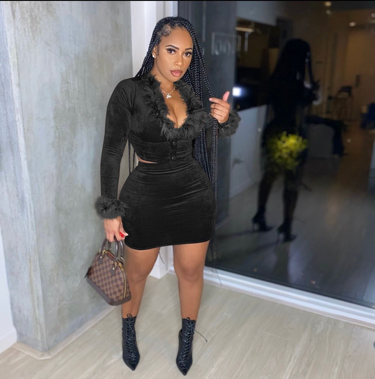 2 XL / black M8915 Winter Vintage Velvet Women Faux Collar Long Sleeve Tops And Bodycon Mini Skirt Suit Sexy Party Two 2 Piece Set