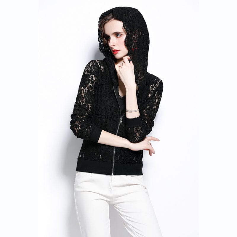 2 XL / black New lace sun protection clothing thin lace hollow out French cardigan HJW9885048