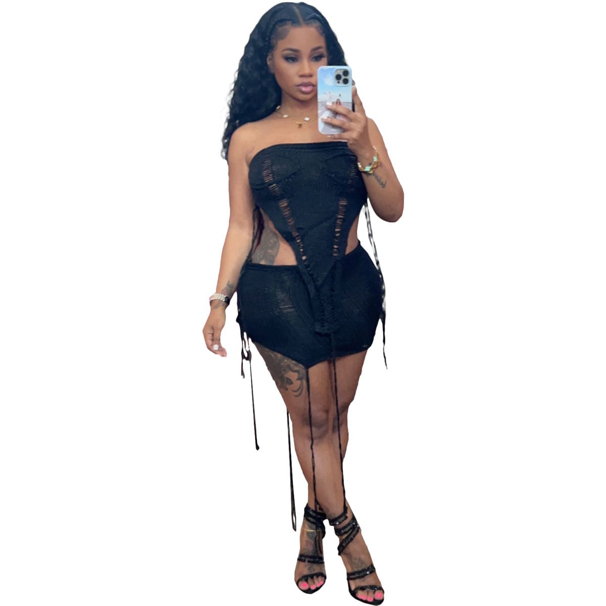 2 XL / black New Trendy Summer Knitted Sexy Sleeveless Strapless Tube Top Mini Skirt Beach Club Wear Two 2 Piece Set Women
