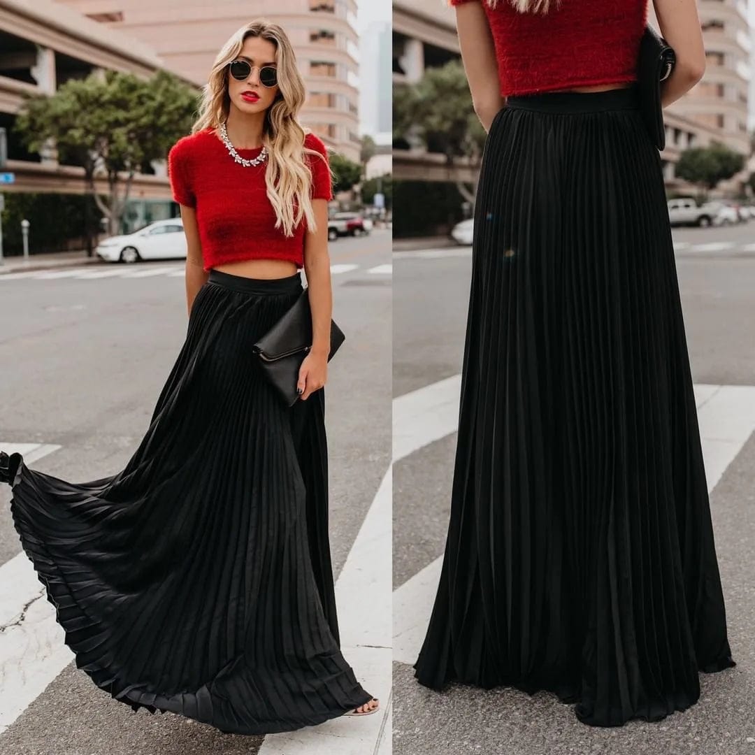 2 XL / Black New Women High Waist Pleated Elastic Solid Color Long Skirts Elegant Ladies Fashion Long Maxi Skirt