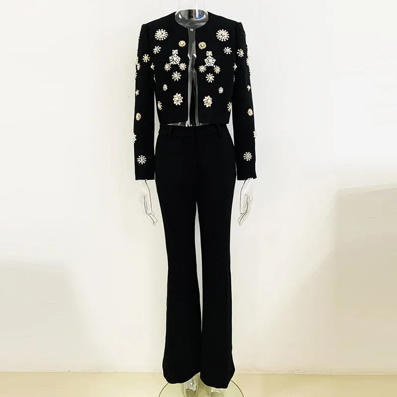 2 XL / Black Newest Fashion 2023 Designer Suit Set Women's Pearls Diamonds Rhinestone Beaded Trimed Jacket Flare Slit Pants Suit