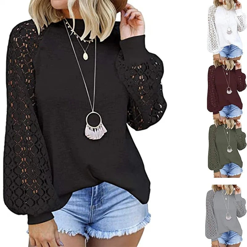 2 XL / Black / Polyester / Cotton YP 2024 New Autumn lantern sleeve pullover for ladies white Hollow out Long sleeve t-shirt women
