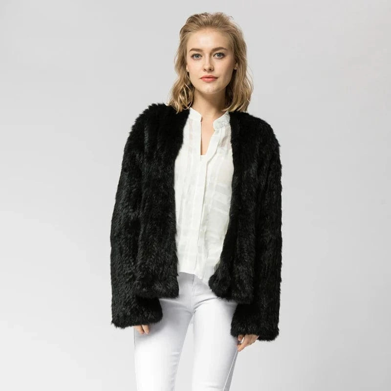 2 XL / Black Pudi CR002 The New fashion Knitted knit real rabbit fur coat overcoat jacket women