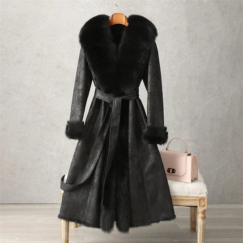 2 XL / Black PUDI Women Winter Fur Coat Lady Fox Collar Rabbit Lining Leisure Long Jacket Trench CT187