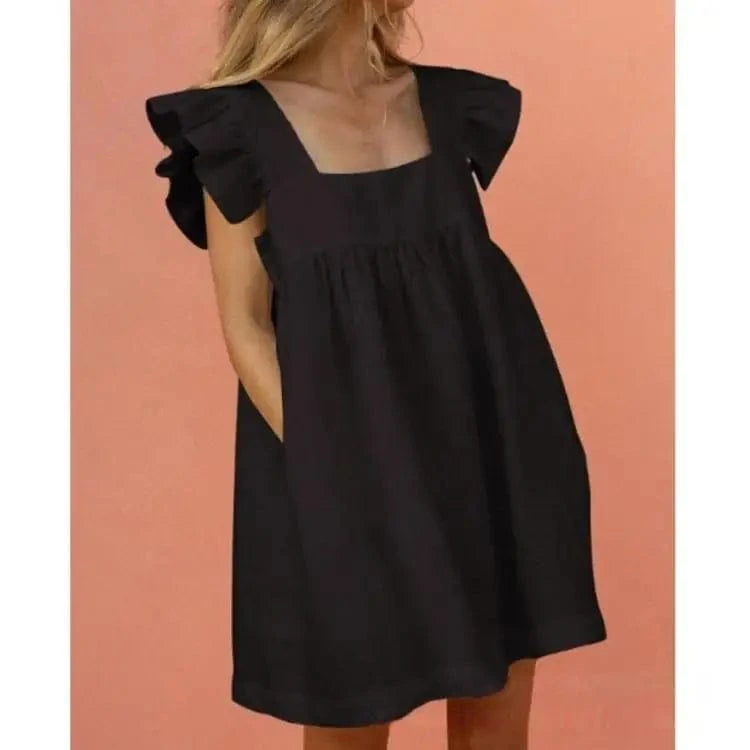 2 XL / Black S-XXL Summer New Dress Fragmented print color blocking square neck ruffle edge sleeve solid color large hem dress
