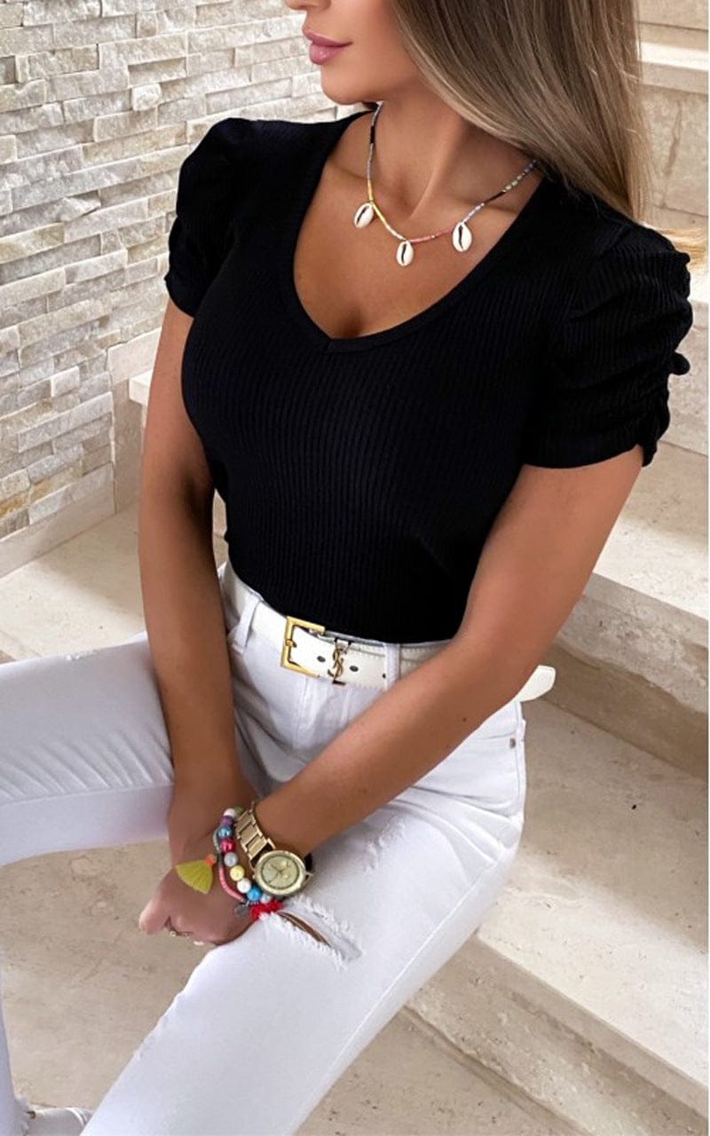 2 XL / black Summer elastic ribbed pullover puff sleeve V-neck short-sleeve T-shirt for women