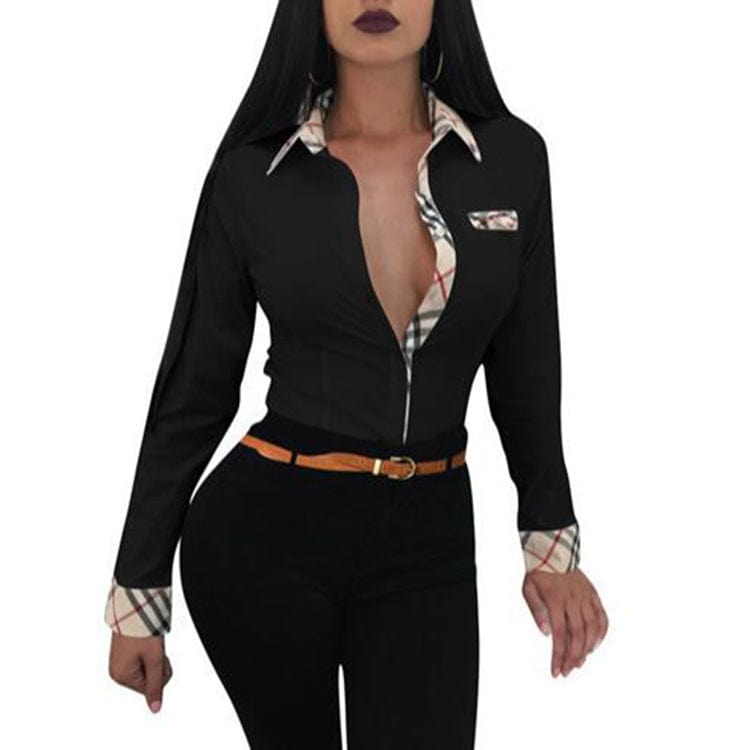 2 XL / black Summer Long Sleeve Womens Shirt New Lapels Office Work Ladies Elegant Outfits Blouse Sexy Plaid Shirts Female Tops