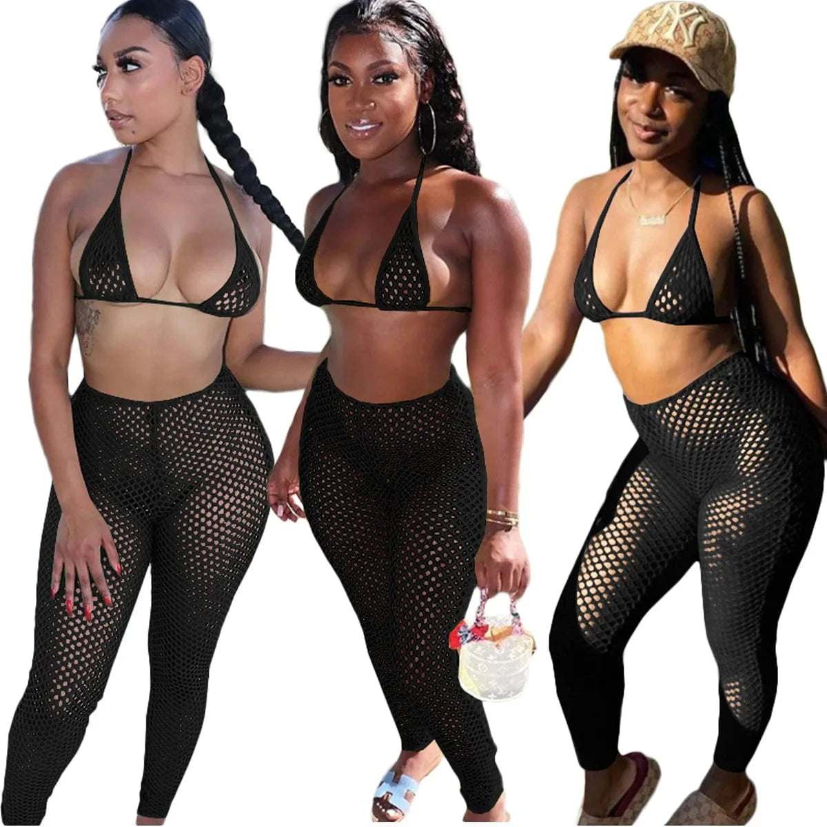 2 XL / Black Summer Swimwear & Beachwear Mesh Sexy Beach Wear Ladies Bra Panties pants 3 Piece Set Women Bikinis Outfit With Briefs