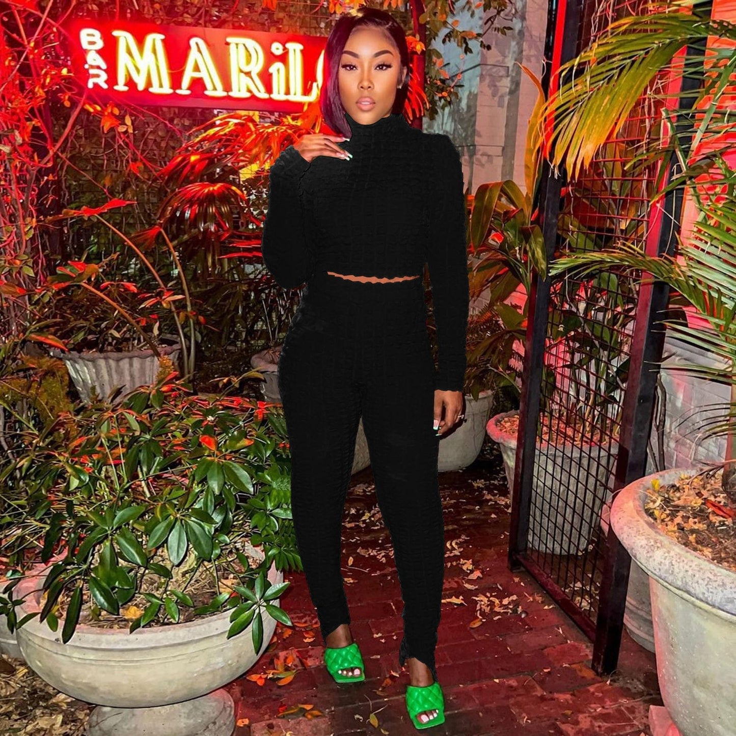 2 XL / black trending woman clothes 2022 new arrivals Trendy Women Clothes Casual Long Sleeve Bubble Fabric Pants Set