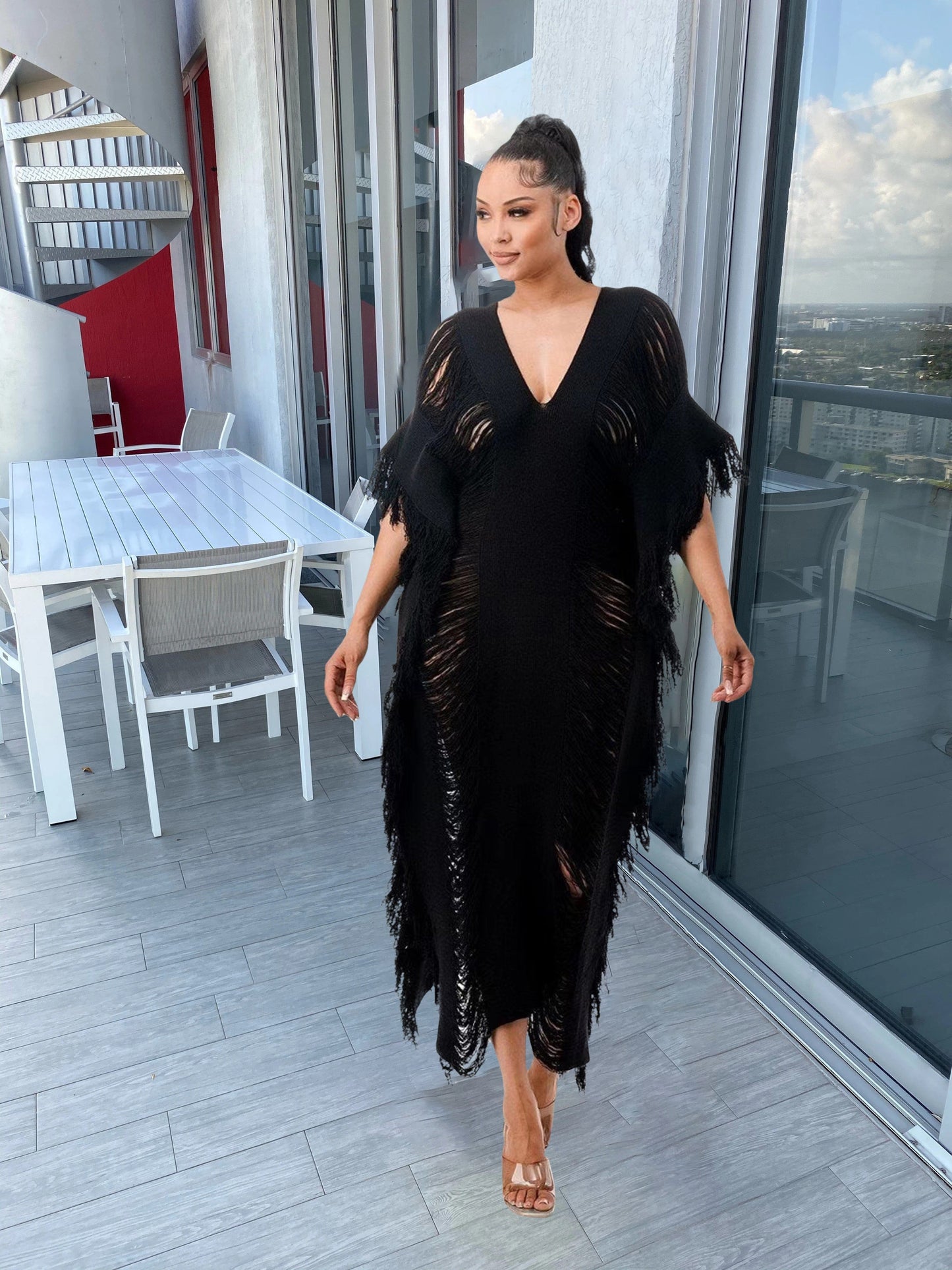 2 XL / black Trendy Women Clothes Solid Color Manual Knitted Sheer Fringed Dress