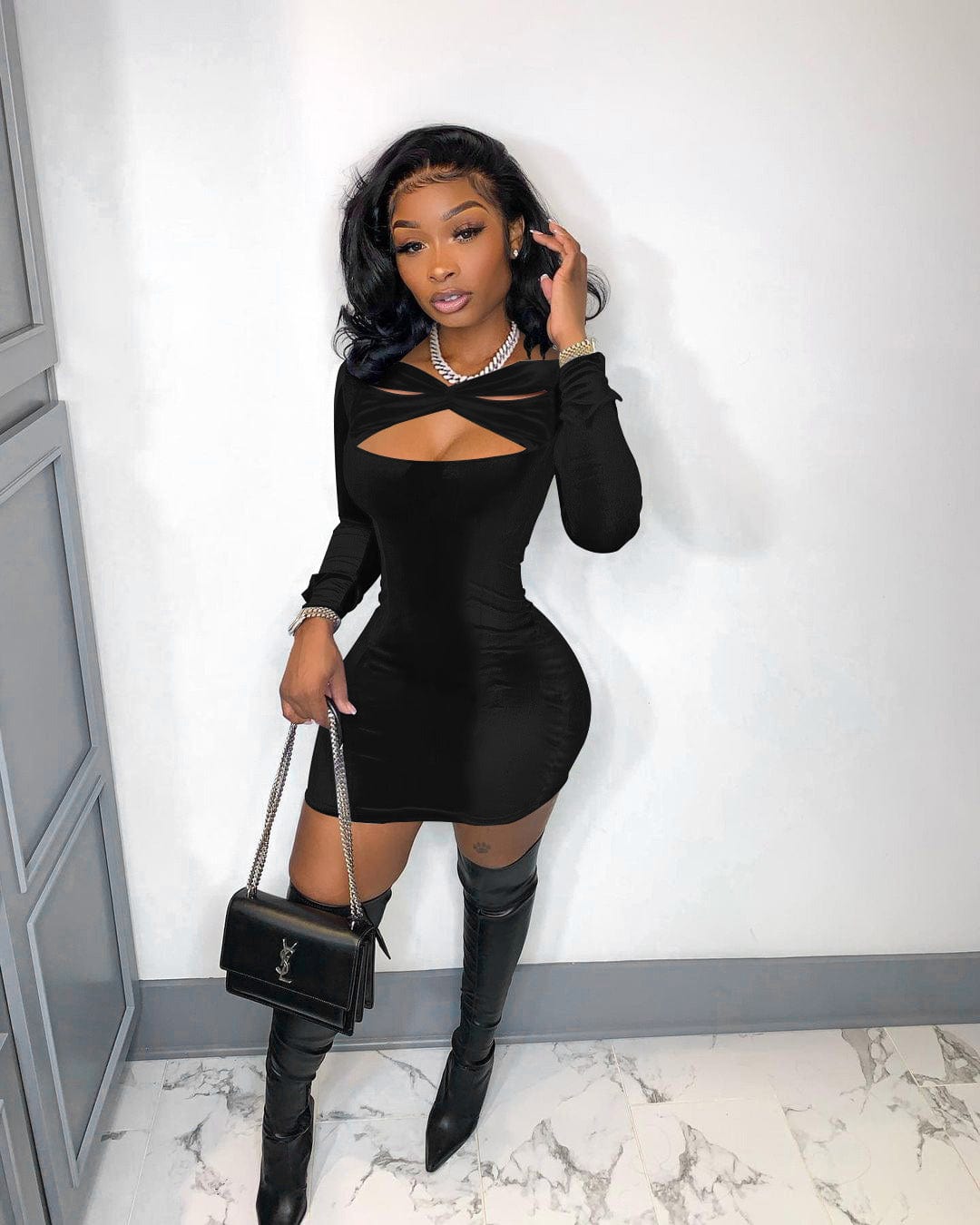 2 XL / black Trendy Women Clothes Women Autumn Solid Velvet Cutout Long Sleeve Mini Bodycon Dress