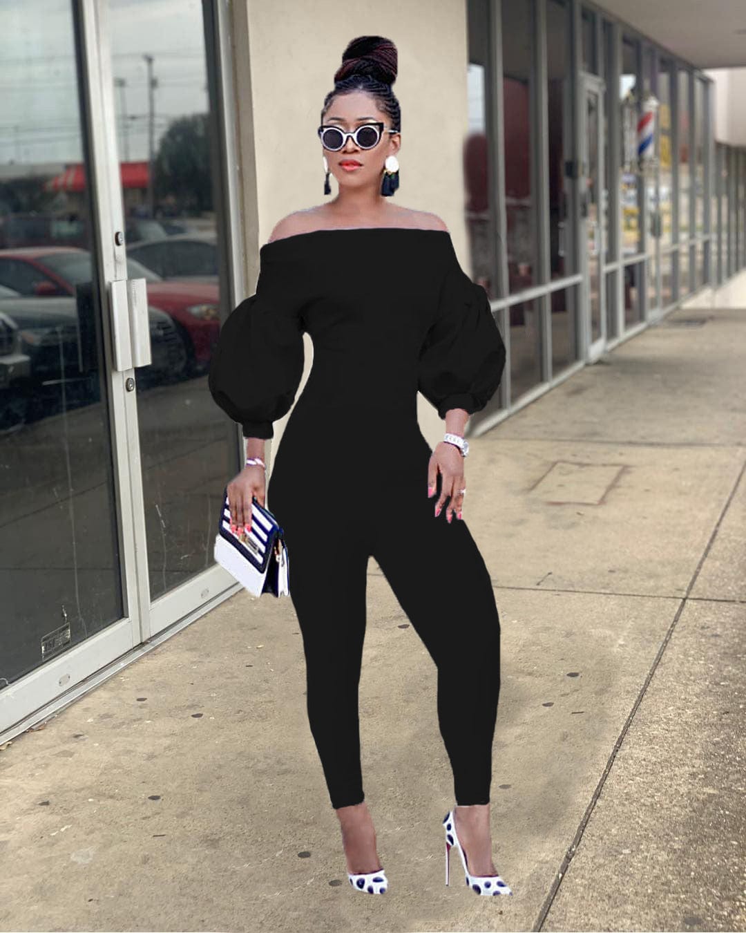 2 XL / black Trendy Women Clothes Women's Fashion Off Shoulder Lantern Sleeve Jumpsuit