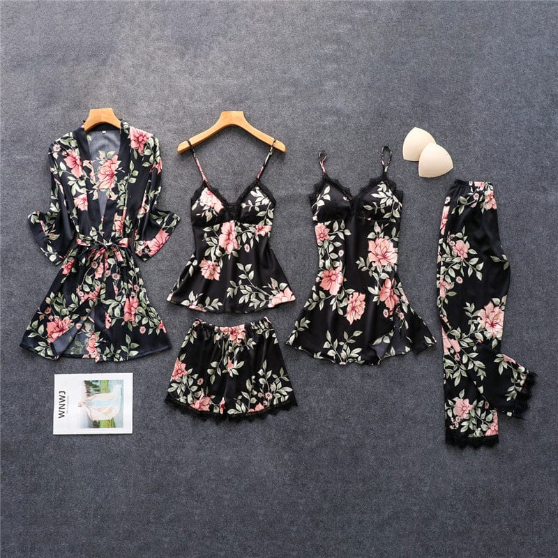 2 XL / black Wedding Bridal Robe Nighty For Honeymoon Loungewear Satin Bridesmaid Floral Robe