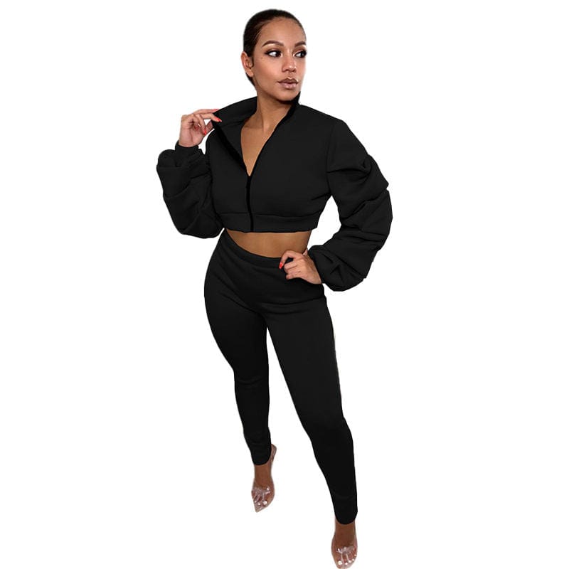 2 XL / black Wholesale Casual 2 Piece Outfits Stacked Long Sleeve Zipper Autumn Winter Women Clothing Two Piece Pants Set