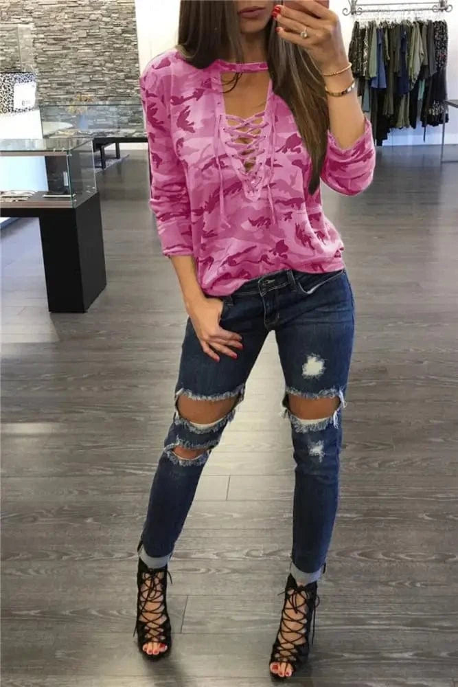 2 XL / Black Women Camouflage Shirt Cyan Style Long Sleeve Bust Tie up Halter Neck Blouses Camisa Masculina Loose Blouse ESY2068