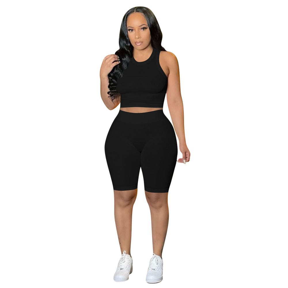 2 XL / black women's 2 sets clothing spring summer ladies solid color casual pit strip sports biker shorts tank top women slim two piece set