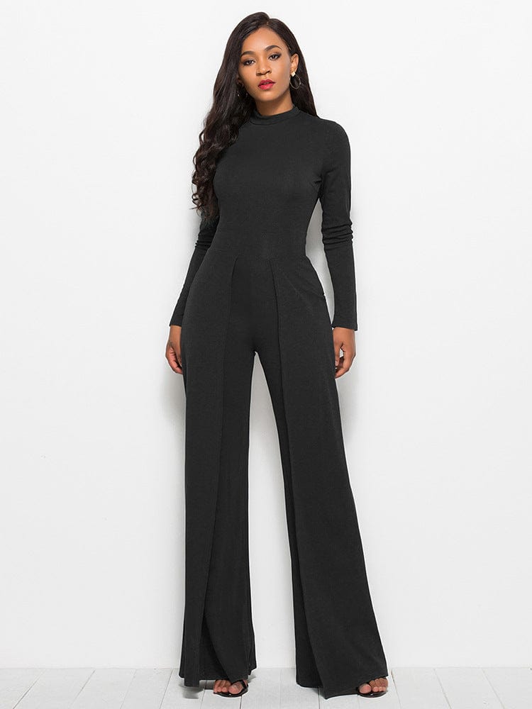 2 XL / black women's office clothes O neck long sleeve urban casual ladies romsuit wide leg pants are irregular one piece women jumpsuits