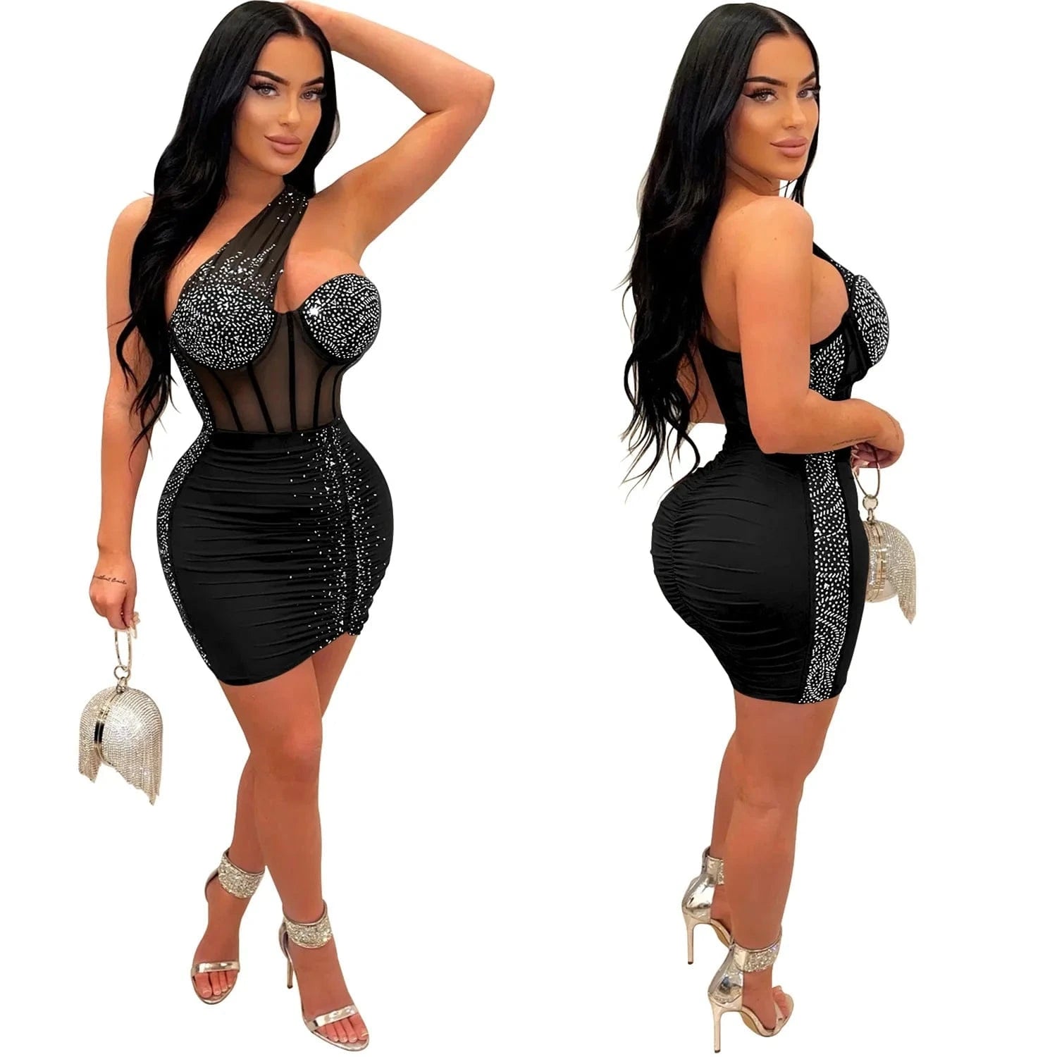 2 XL / Black Women Sexy Rhinestone Skinny Dress Lady Summer Party Club Outfit Asymmetric One Shoulder Pleated Mini Dress