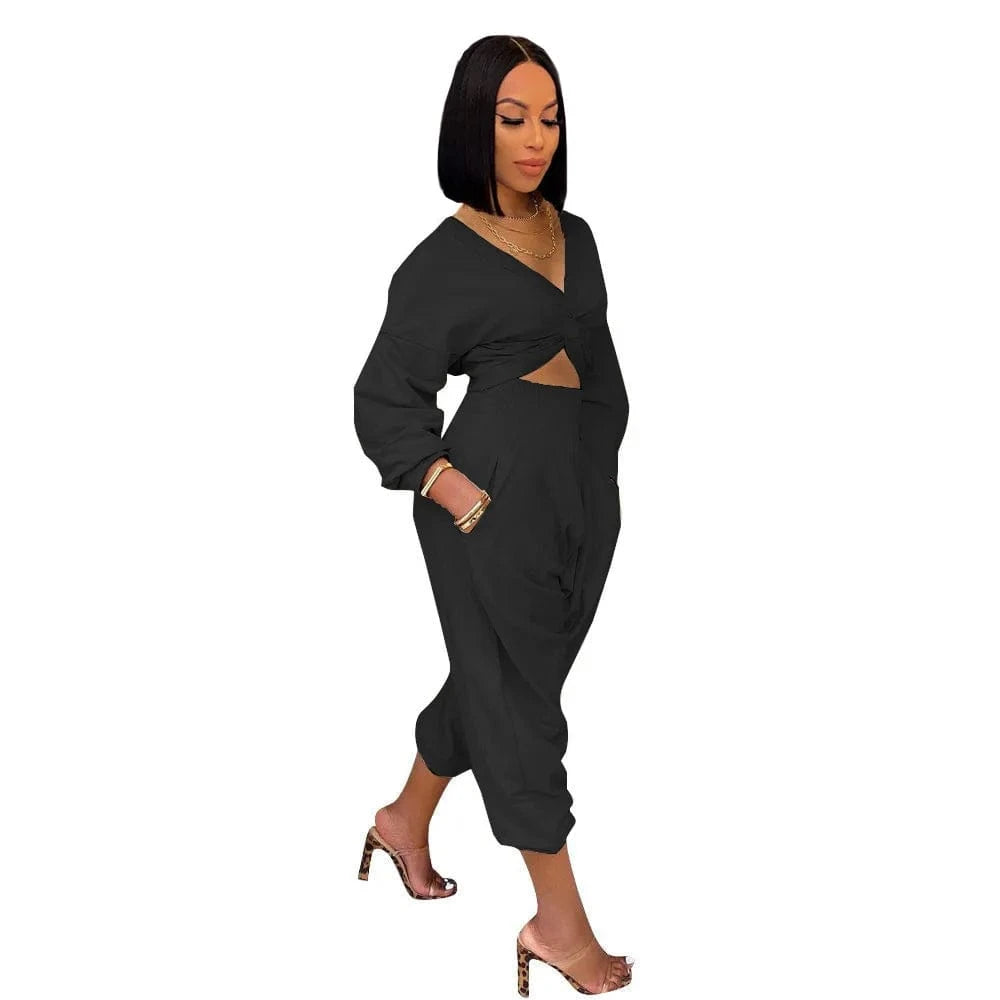 2 XL / Black Women Winter Wear Wrap Crop Top Solid Two Piece Pants Set Fall 2pc Pants Set Plain Sweatshirt Suit Jogger Sweatsuit