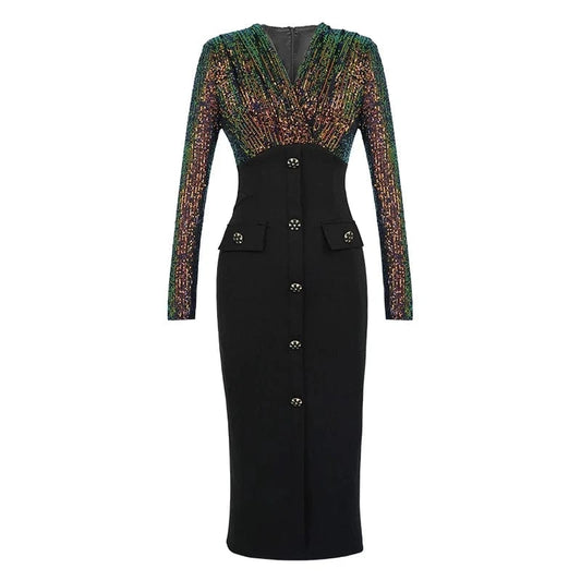 2 XL / Black ZYHT 11120 Single Breasted Sequins Stitching Evening Long Sleeve Dress Luxury V-neck Slim Fit Midi Dresses