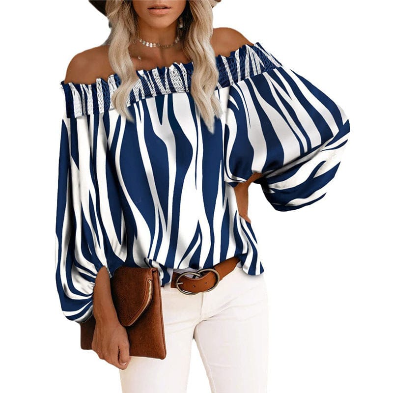 2 XL / Blue Amazon hot summer autumn new European American striped sexy off-shoulder chiffon shirt