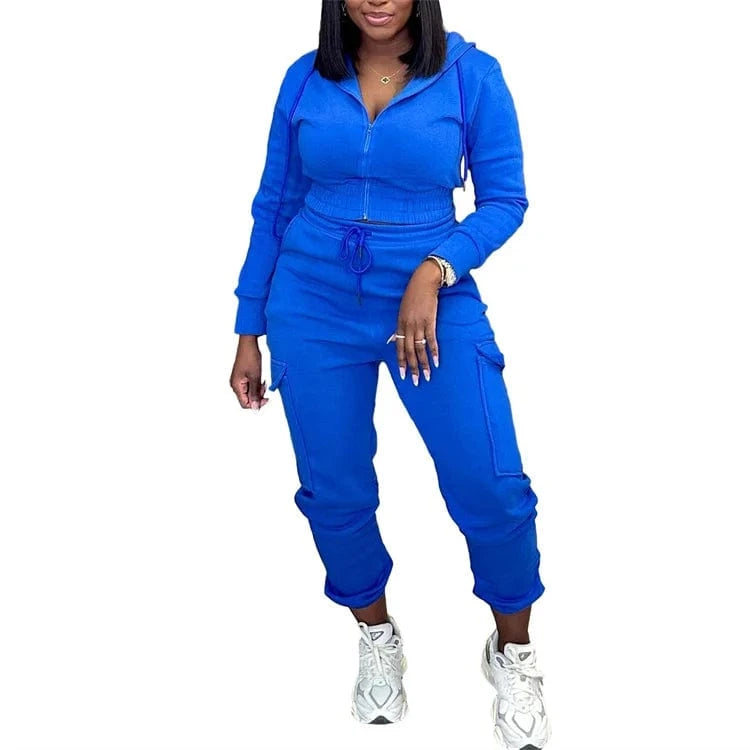 2 XL / Blue Casual 2 Piece Set Women Solid Long Sleeve Zip-Up Hoodie and Drawstring Sweatpants Matching Winter 2023 Tracksuits