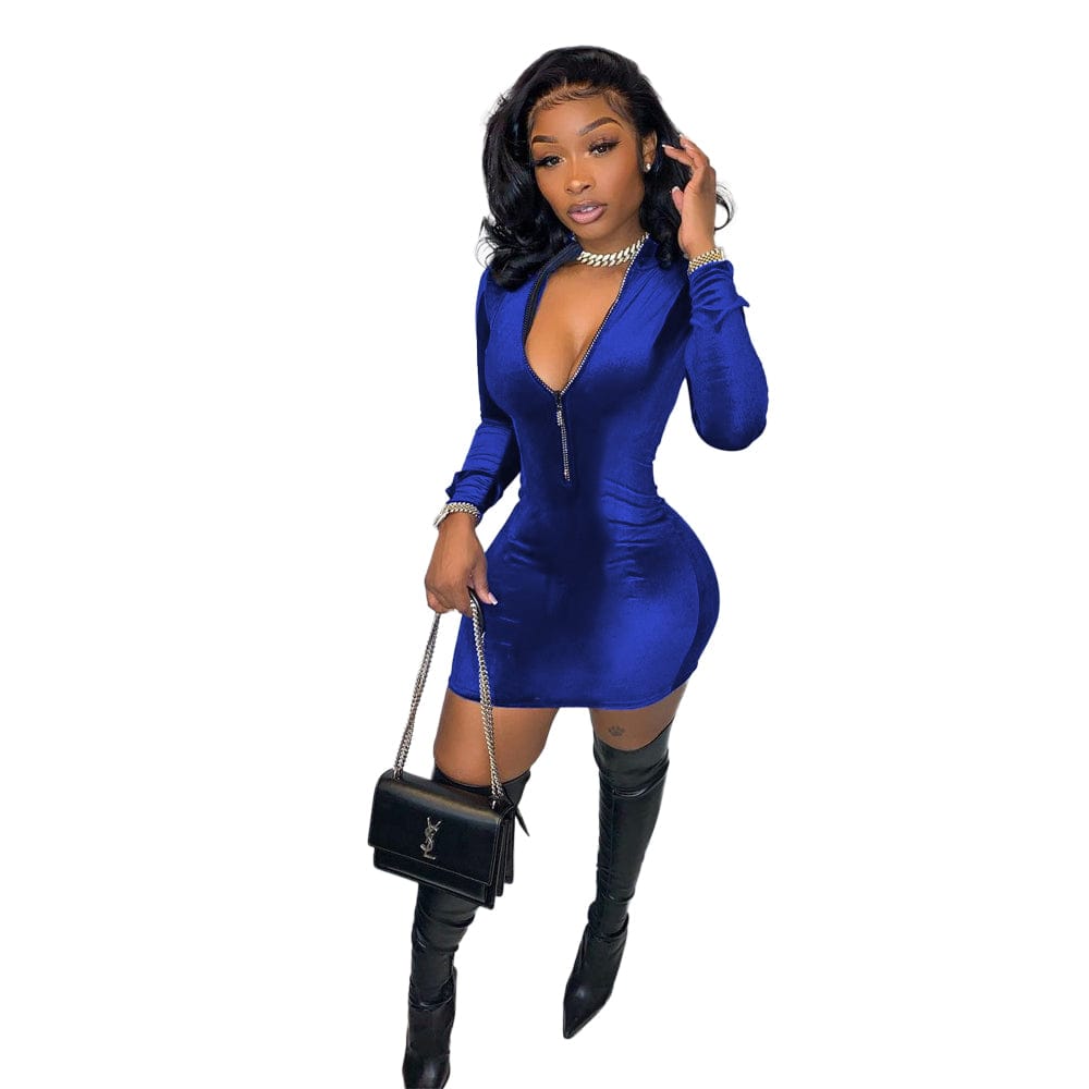 2 XL / Blue Casual Dress Boutique Clothing Women Solid Color Blue Velvet Zipper Fashion Mini Dress