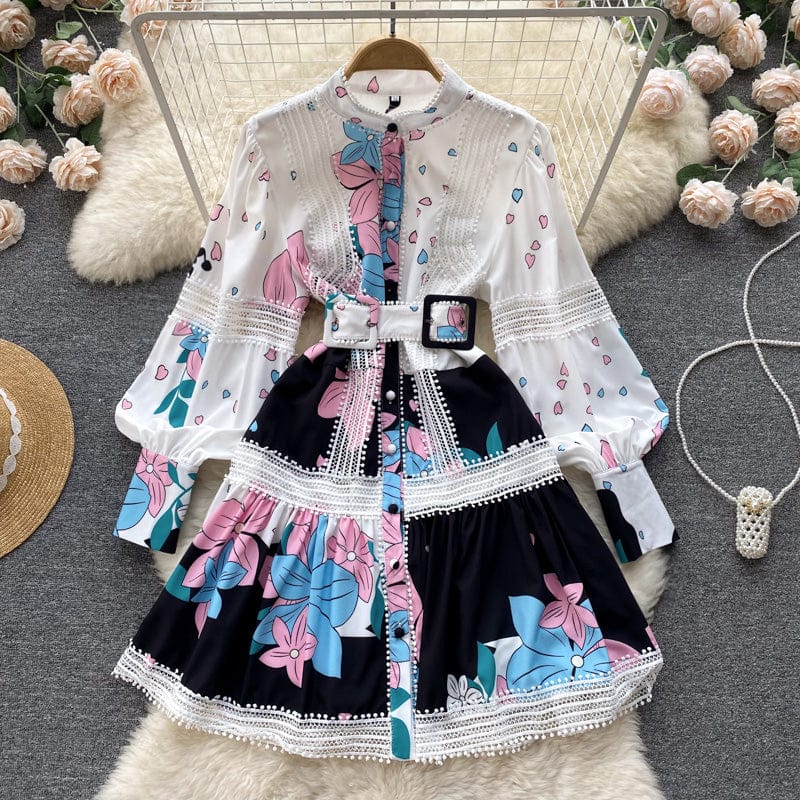 2 XL / Blue Casual White Peter Pan Collar Bishop Sleeve Lace Patchwork Hollow Out Shirt Dresses Women Lady Elegant Belt Tunic Dress