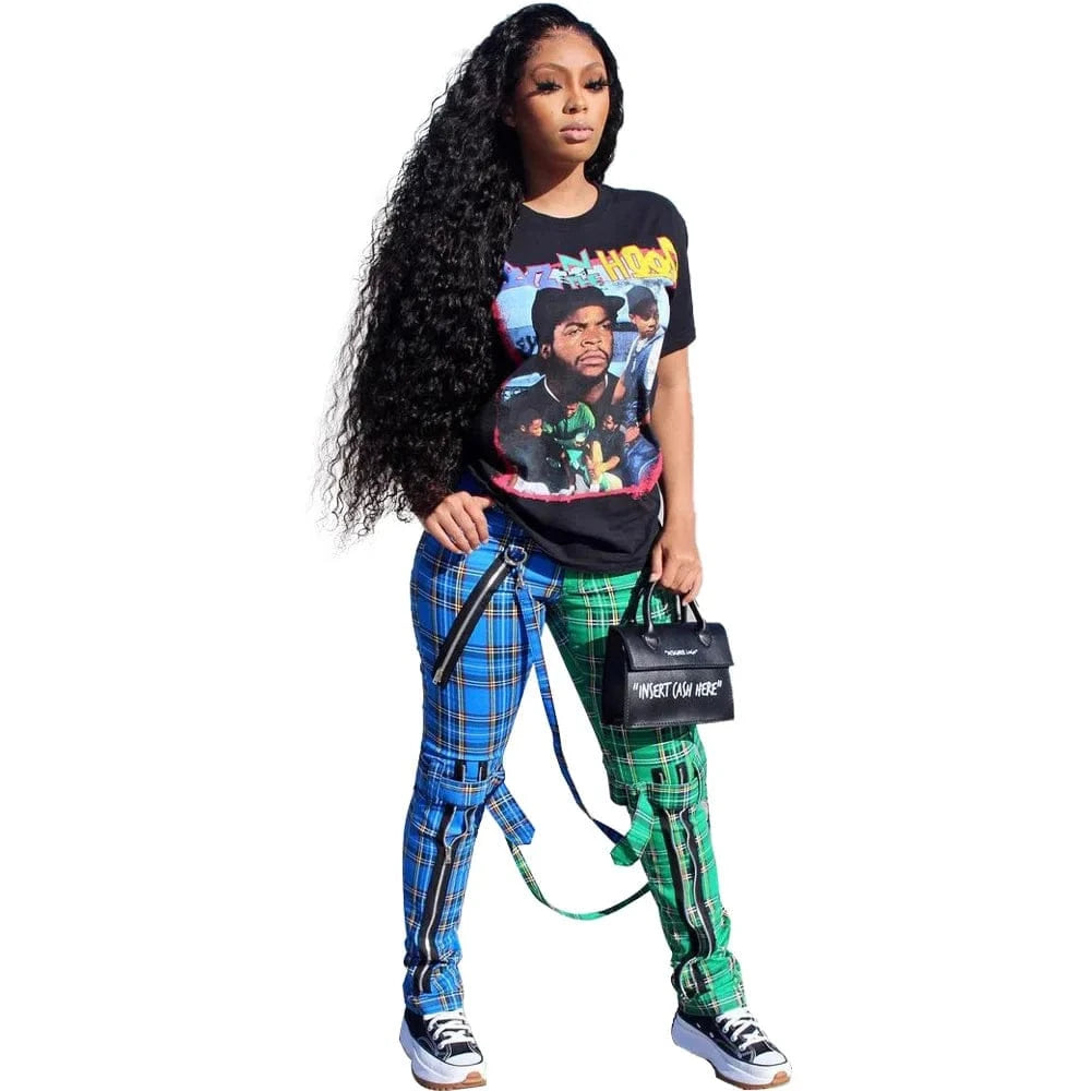 2 XL / Blue Designer Trendy Print Patchwork Plaid Women's Pants Trousers Hip Hop Y2K Casual Ladies Zipper Stylish Ladies Pants With Straps
