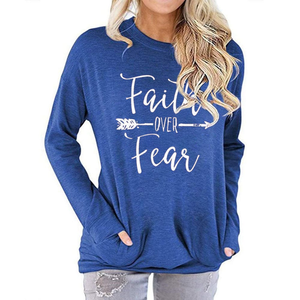 2 XL / Blue Faith over Fear printed round neck long sleeve t-shirt