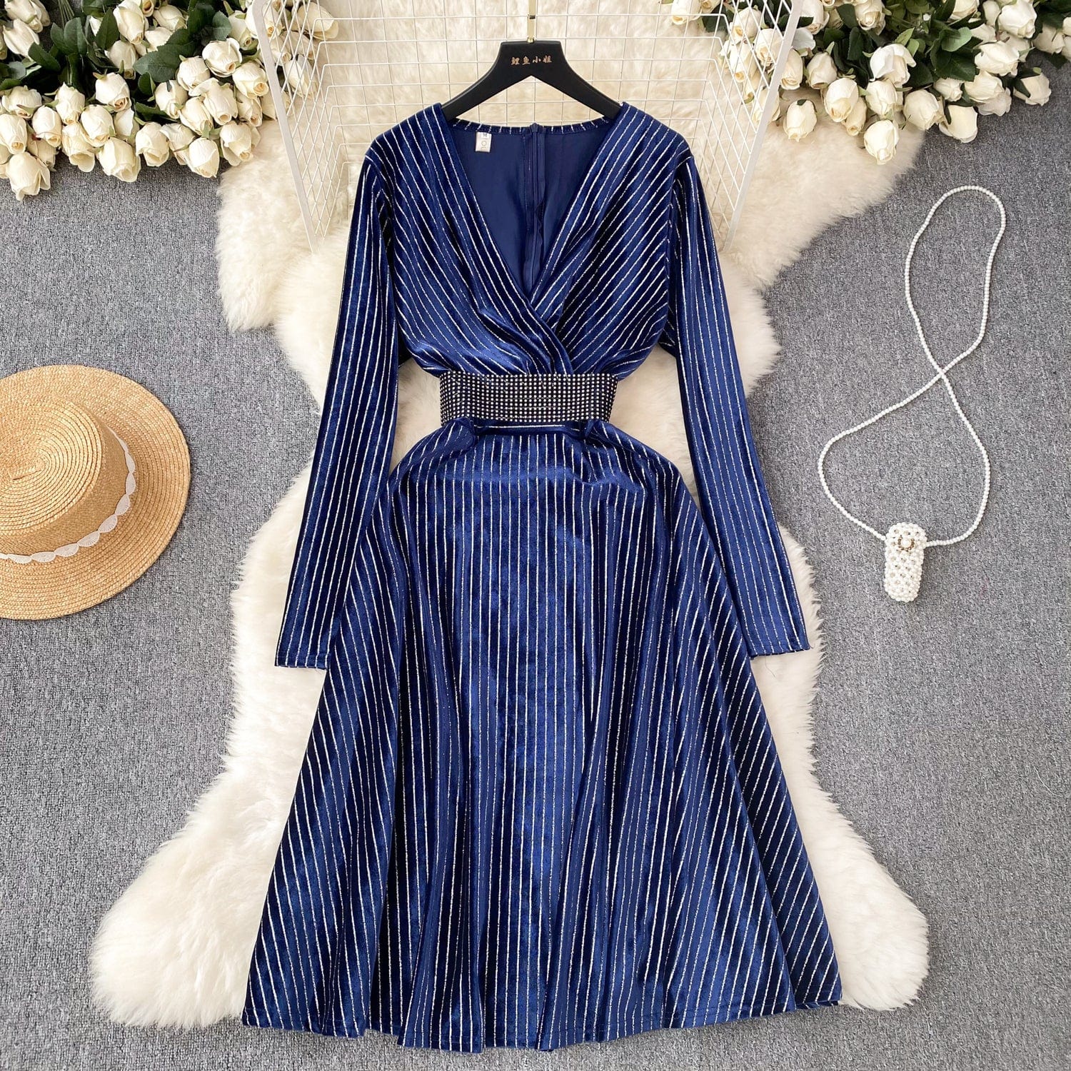 2 XL / Blue Fall Winter Fashion High-End Elegant Waist Drop Sequin Velvet Dress