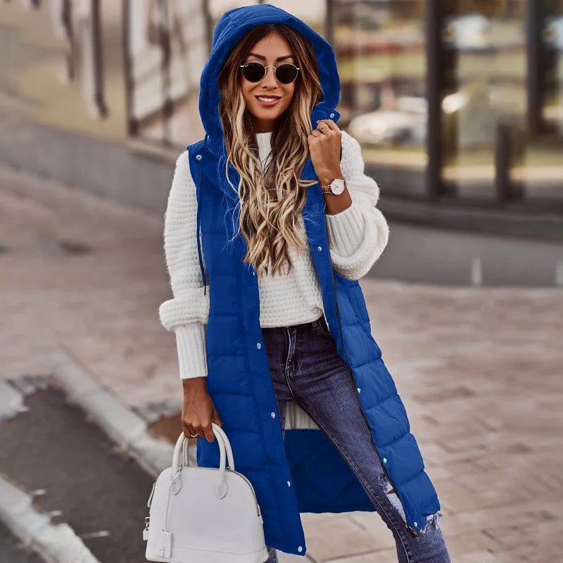2 XL / Blue Fashion Sleeveless Cotton Hooded Jackets Vest Women Long Winter Vests  Solid Color Zipper Warm Streetwear Waistcoat Women