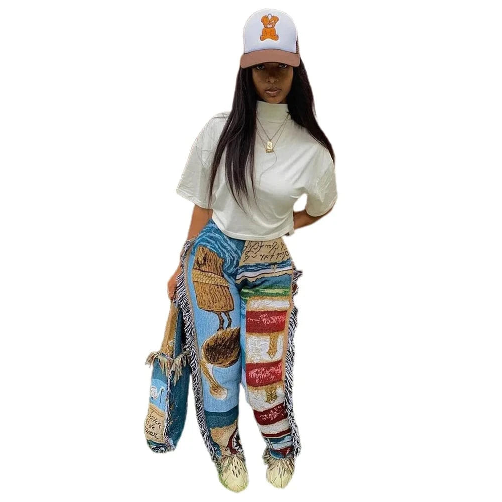 2 XL / Blue Fashionable Regular Fit Street Style Track Pants Pockets Cotton Fringe Tassel Sweat Pant Women Trendy Print Pants