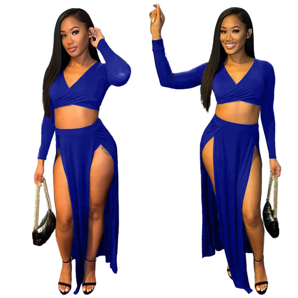 2 XL / Blue Foma 2023 solid color two piece set women clothing crop top skirt and top set for women skirt set