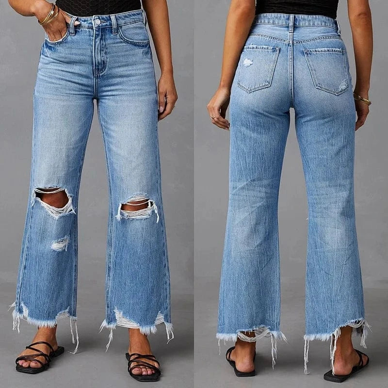 2 XL / Blue High Waist Distressed Wide Leg Ripped Jeans