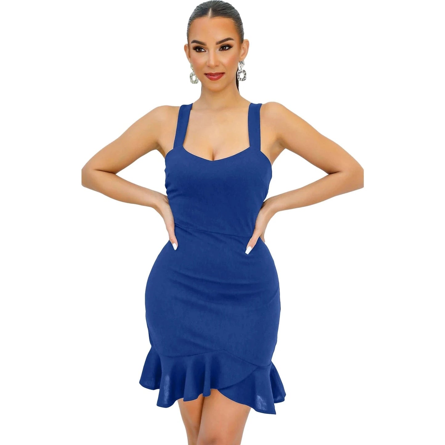 2 XL / Blue L28707 Fashion Solid Color Straps Ruffle Bodycon Dress