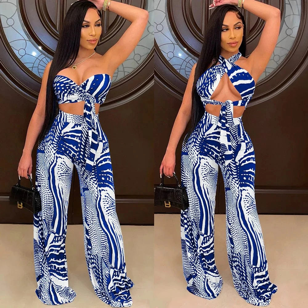 2 XL / Blue Ladies Two Piece Baggy Pant Set Sexy Lace Up Tops Wide Leg Trouser Sumer Outfits Women Printed Casual 2 Piece Suits