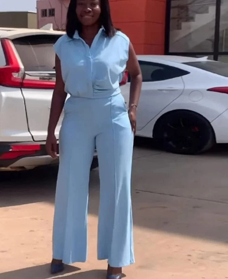 2 XL / Blue Liu Ming Spring Summer 2024 Women Casual Short Sleeve Shirt Wide Leg Trousers Female Office 2 Piece Set