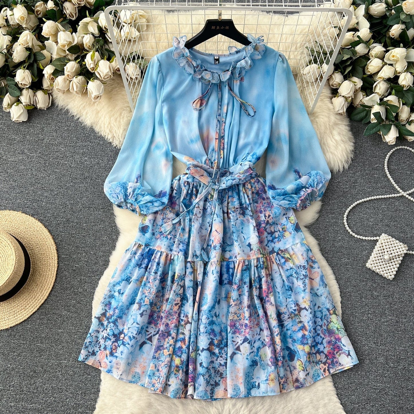 2 XL / Blue Retro style chiffon printed long sleeved dress for women's new style waistband slim temperament A-line short skirt