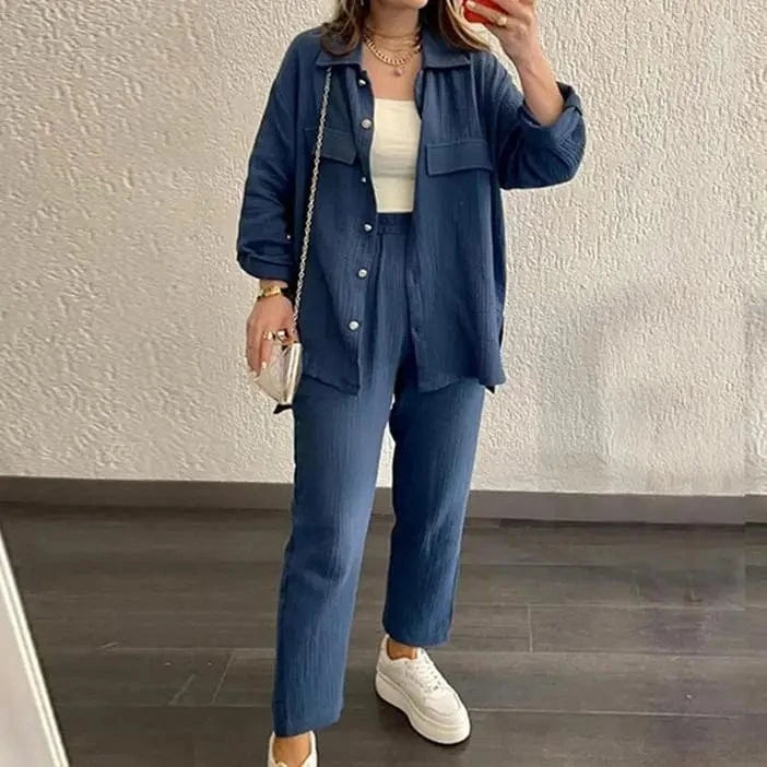 2 XL / Blue S-2XL New Double layered Crepe Loose Large Lapel Long sleeved Shirt Casual Set