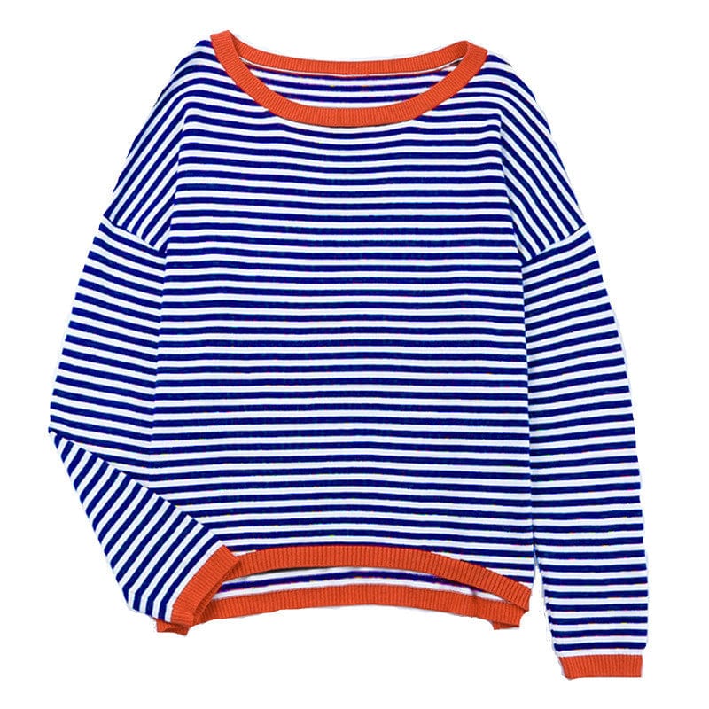 2 XL / Blue S-XXL New Knitted Round Neck Sweater Casual Fashion Stripe Contrast Design Shoulder Drop Long Sleeve Top