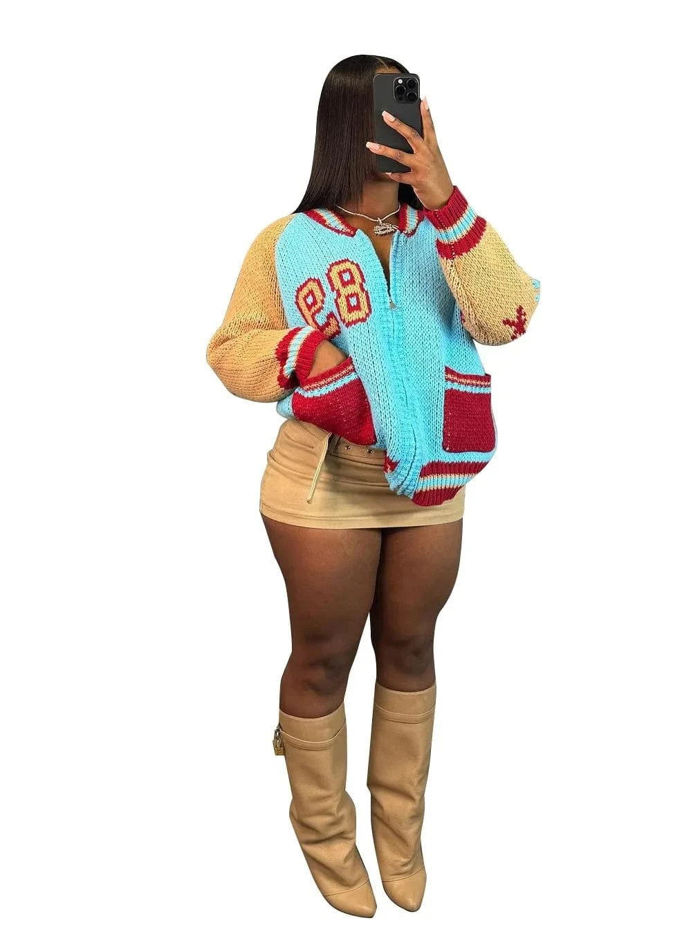 2 XL / Blue Streetwear New Arrival 2024 Fall Women Knitted Sweater Coat Jacket Zipper Letter Varsity Cardigan Sweater