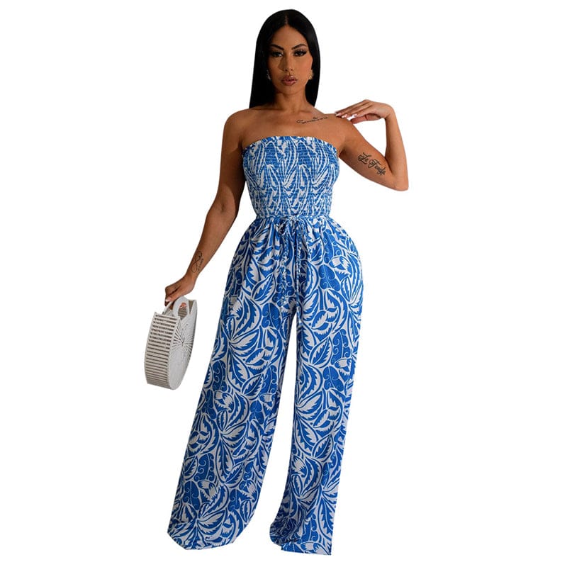 2 XL / Blue summer tube top sleeveless sexy floral print elegant loose long flare pants romper jumpsuit women sexy beach clothing outfit